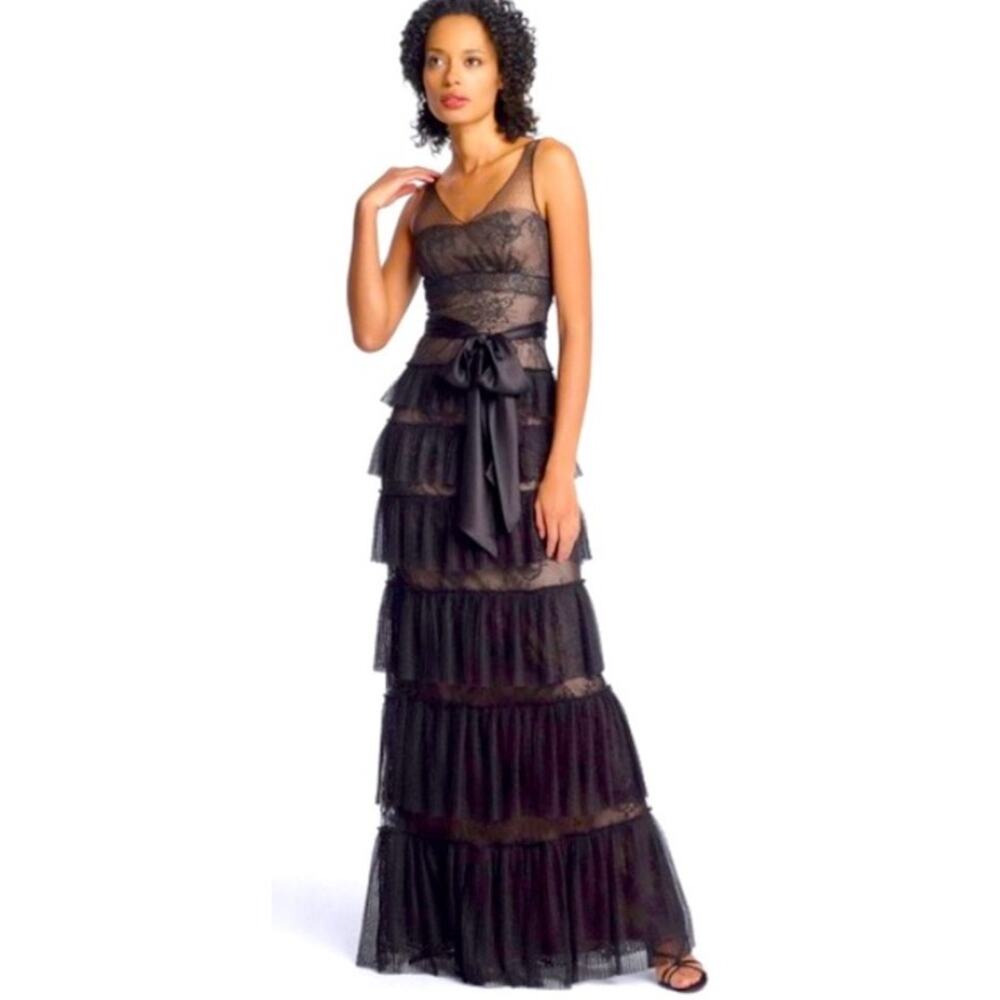 BCBGMAXAZRIA bcbg black lace tiered ruffle elegant satin long maxi gown dress